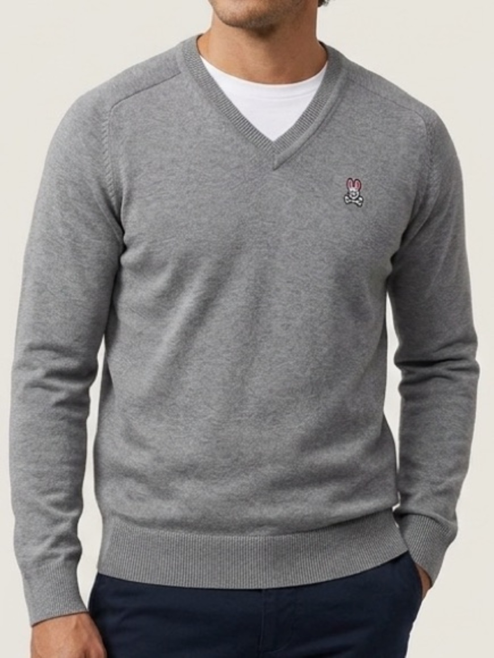 Psycho Bunny Men's Gray V-Neck Sweater with Bunny Crest Sz M